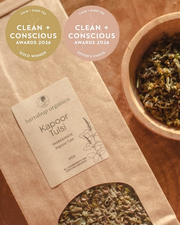 Kapoor Tulsi Tea by Barrabup Organics – Gold + Editor's Choice, Best Calm + Sleep Tea, Clean + Conscious Awards 2026