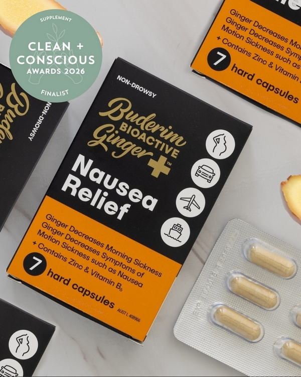 BioActive Ginger+ Nausea Relief Capsules by Buderim Foods – Finalist, Best Supplement, Clean + Conscious Awards 2026