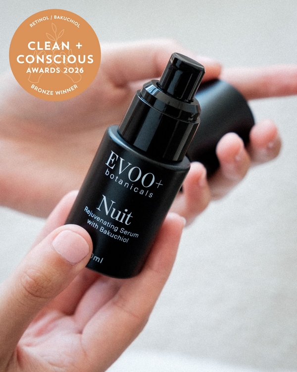 Nuit – Rejuvenating Serum with Bakuchiol by EVOO+ botanicals – Bronze, Best Natural Retinol / Bakuchiol, Clean + Conscious Awards 2026