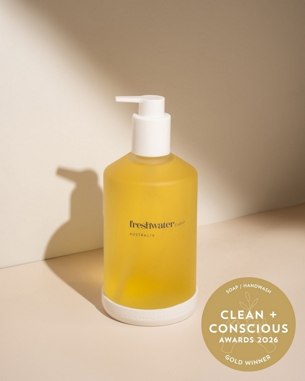 Lemon Myrtle Oil + Manuka Honey Glass Hand Wash by Freshwater Farm Australia – Gold, Best Natural Soap + Hand Wash, Clean + Conscious Awards 2026