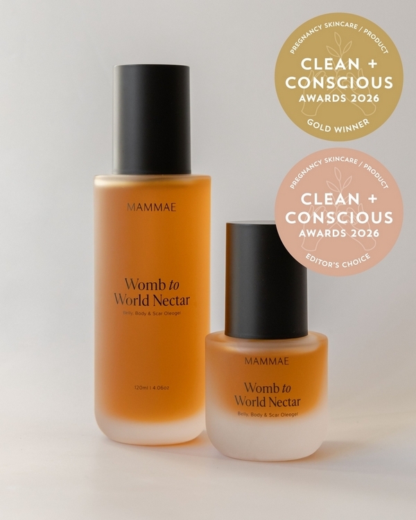Womb to World Nectar – Belly, Body & Scar Oleogel by Mammae – Gold + Editor's Choice, Best Pregnancy Skincare / Product, Clean + Conscious Awards 2026