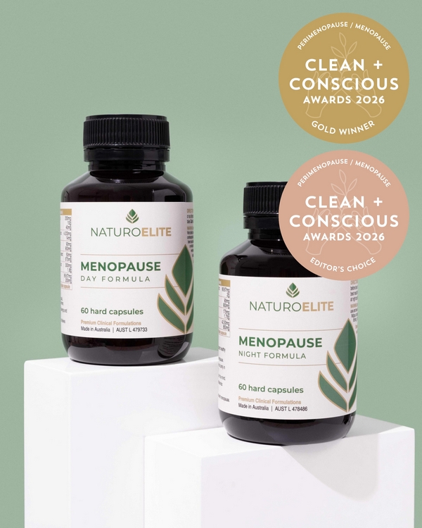 Menopause Day Formula / Menopause Night Formula by NaturoElite – Gold + Editor's Choice, Best Perimenopause / Menopause Nutrition, Clean + Conscious Awards 2026