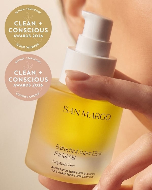 Bakuchiol Super Elixir Facial Oil by San Margo – Gold + Editor's Choice, Best Natural Retinol / Bakuchiol, Clean + Conscious Awards 2026