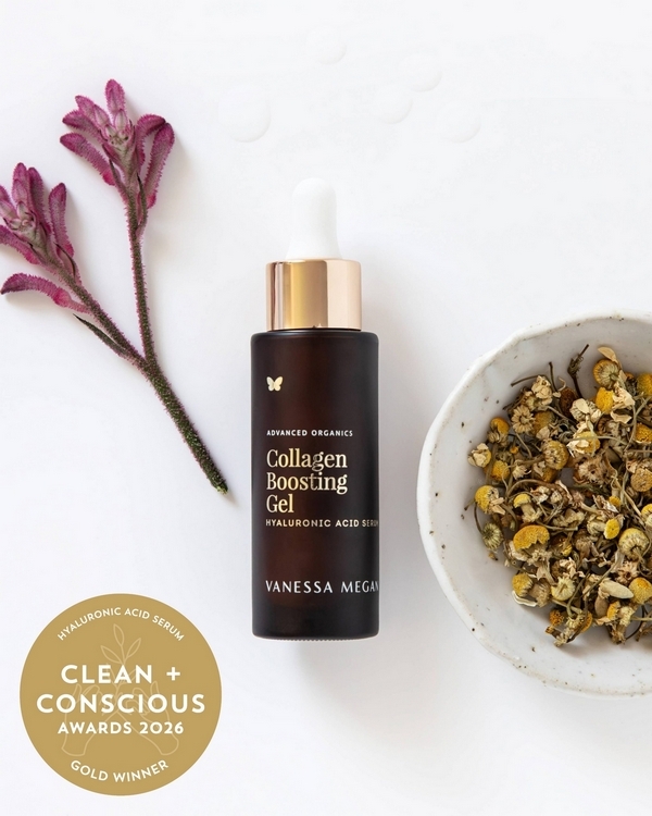 Collagen Boosting Gel Hyaluronic Acid Serum by Vanessa Megan Skincare – Gold, Best Hyaluronic Acid Serum, Clean + Conscious Awards 2026