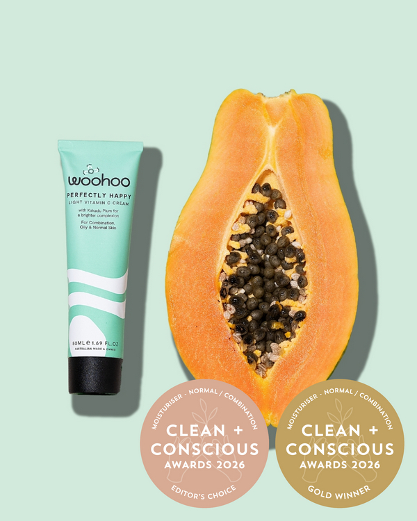 Perfectly Happy’ Light Vitamin C Cream by Woohoo Body – Gold + Editor's Choice, Best Face Moisturiser for Normal / Combination Skin, Clean + Conscious Awards 2026