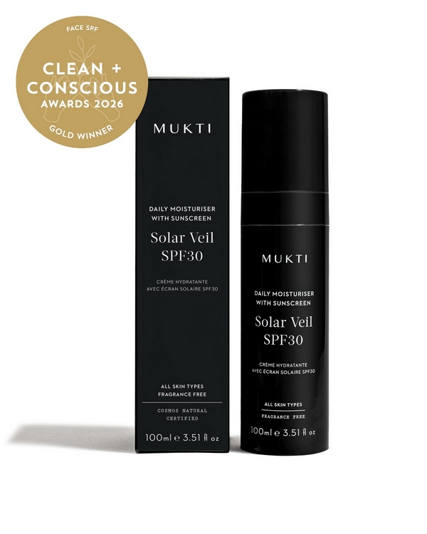 Daily Moisturiser with Sunscreen Solar Veil SPF30 by Mukti Organics – Gold, Best Face Sunscreen / SPF, Clean + Conscious Awards 2026