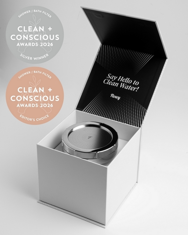 Flowy Filtered Showerhead by Flowy Australia – Silver + Editor's Choice, Best Shower / Bath Filter, Clean + Conscious Awards 2026