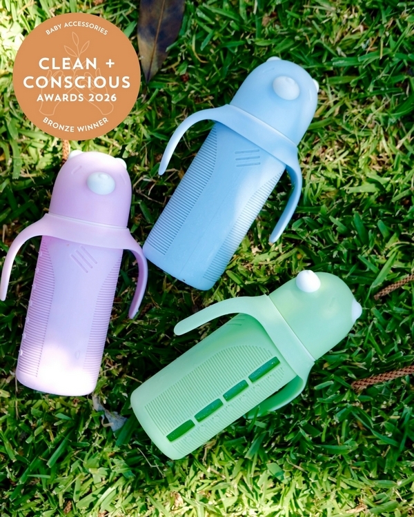 KaakaaBaby Glass Bottle with Silicone Straw and Sleeve by Kaally – Bronze, Best Baby Accessories, Clean + Conscious Awards 2026
